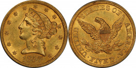 1857 Liberty Head Half Eagle. MS-62+ (PCGS). CAC.
Fully struck with thick satin to frosty luster, and rich original honey-orange color that enhances ...