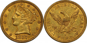 1857-C Liberty Head Half Eagle. Winter-1, the only known dies. MS-61 (PCGS).
This wonderfully original, exceptionally well preserved example is awash...
