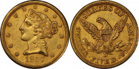 1857-D Liberty Head Half Eagle. Winter 41-HH. AU-58 (PCGS). CAC.
This attractive example displays richly original color in a blend of medium olive an...