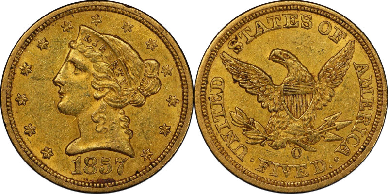 1857-O Liberty Head Half Eagle. Winter-1, the only known dies. AU-58 (PCGS). CAC...