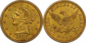 1857-O Liberty Head Half Eagle. Winter-1, the only known dies. AU-58 (PCGS). CAC.
Pretty deep honey-orange and olive surfaces are richly original in ...