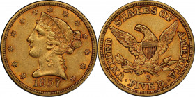 1857-S Liberty Head Half Eagle. Large S. AU-58 (PCGS). CAC.
Originally preserved in deep honey and more vivid reddish-rose, this smooth and attractiv...