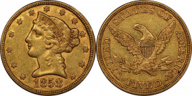 1858 Liberty Head Half Eagle. AU-55 (PCGS).
Original honey-orange surfaces are lustrous with most design elements boldly rendered. One of only 15,136...