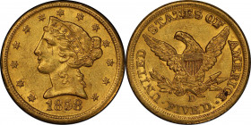 1858-D Liberty Head Half Eagle. Winter 43-HH. AU-58 (PCGS).
Appealing honey-orange surfaces are attractively original with nearly full frosty mint lu...