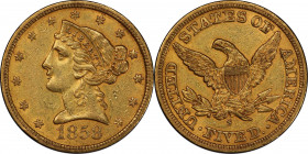 1858-S Liberty Head Half Eagle. AU-55 (PCGS). CAC.
With nearly full mint frost and impressively smooth surfaces, it is difficult for us to imagine a ...
