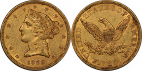 1859 Liberty Head Half Eagle. AU-55 (PCGS). CAC.
Blended deep honey and orange-gold colors provide attractive originality for both sides. Well struck...