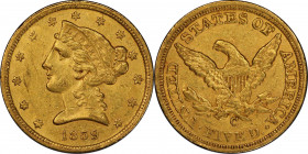1859-C Liberty Head Half Eagle. Winter-1, the only known dies. Die State I. AU-58 (PCGS).
A handsome and originally preserved half eagle with subtle ...