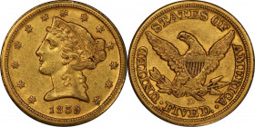 1859-D Liberty Head Half Eagle. Winter 44-HH. Medium D. AU-55+ (PCGS). CAC.
Tinges of pale pink blend with dominant honey-gold color on both sides of...