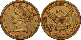 1859-S Liberty Head Half Eagle. AU-55 (PCGS). CAC.
Fully original, both sides exhibit warm honey-orange color. The luster is richly frosted and suffi...