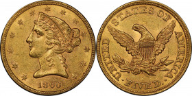 1860 Liberty Head Half Eagle. AU-58 (PCGS). CAC.
Semi-reflectivity in the fields enlivens otherwise frosty surfaces on this delightful half eagle. Ha...