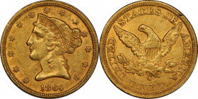 1860-C Liberty Head Half Eagle. Winter-1. AU-58 (PCGS). CAC.
This issue is always found with more or less indistinct details on the eagle, not from a...