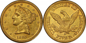 1860-D Liberty Head Half Eagle. Winter 46-GG. Medium D. MS-61 (PCGS).
A thoroughly appealing example that ranks among the finest 1860-D half eagles e...