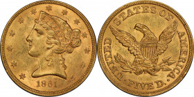 1861 Liberty Head Half Eagle. MS-63 (PCGS). CAC.
A perennially popular type issue from the No Motto portion of the Liberty Head half eagle series, th...