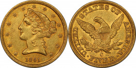 1861-C Liberty Head Half Eagle. Winter-1, the only known dies. Die State II. AU-58 (PCGS). CAC.
Offered is a phenomenal near-Mint survivor of a rare ...