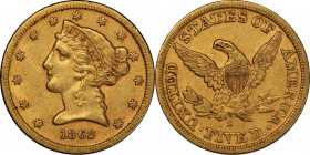 1862-S Liberty Head Half Eagle. AU-53 (PCGS).
This lovely example displays a bold blend of deep honey-gold and more vivid pinkish-orange colors. Stri...
