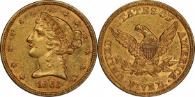 1863 Liberty Head Half Eagle. AU-58 (PCGS). CAC.
This lovely near-Mint 1863 half eagle is a highly significant offering from the JBR Set. It is a ful...