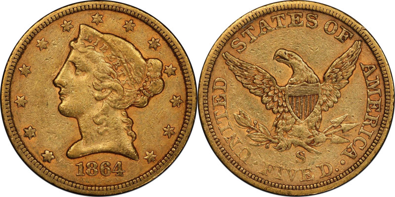 1864-S Liberty Head Half Eagle. EF-45 (PCGS). CAC.
Here is a noteworthy rarity ...