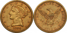 1864-S Liberty Head Half Eagle. EF-45 (PCGS). CAC.
Here is a noteworthy rarity from the early San Francisco Mint. Featuring a bold blend of deep hone...