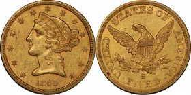 1865-S Liberty Head Half Eagle. AU-55 (PCGS). CAC.
A newcomer to the Condition Census for this challenging Civil War era issue, this premium Choice A...