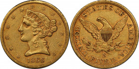 1866-S Liberty Head Half Eagle. No Motto. AU-50 (PCGS).
From an important transitional year in the Liberty Head half eagle series comes this attracti...