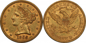 1866 Liberty Head Half Eagle. AU-58 (PCGS).
An exciting offering for the specialist, this coin represents one of only a half dozen AU-58 grading even...