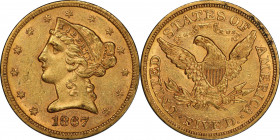 1867 Liberty Head Half Eagle. AU-58 (PCGS). CAC.
The offered 1867 half eagle is an absolute and condition rarity from the early Motto Liberty Head ha...