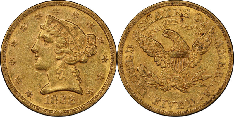 1868 Liberty Head Half Eagle. AU-58 (PCGS).
This is a delightful example of a h...