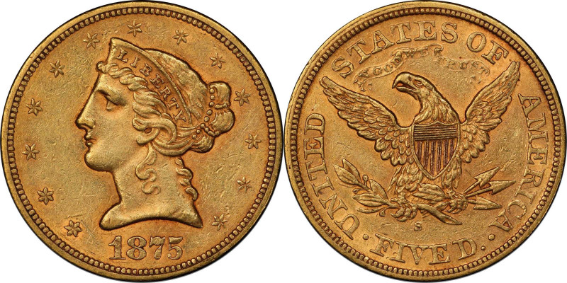 1875-S Liberty Head Half Eagle. AU-58 (PCGS). CAC.
Remarkably well preserved fo...