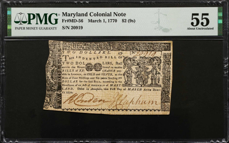 MD-56. Maryland. March 1, 1770. $2. PMG About Uncirculated 55.
No.20019. Signed...