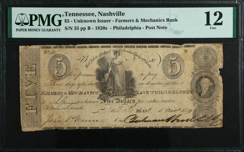 Nashville, Tennessee. Farmers & Mechanics Bank - Unknown Issuer - Post Note. 182...