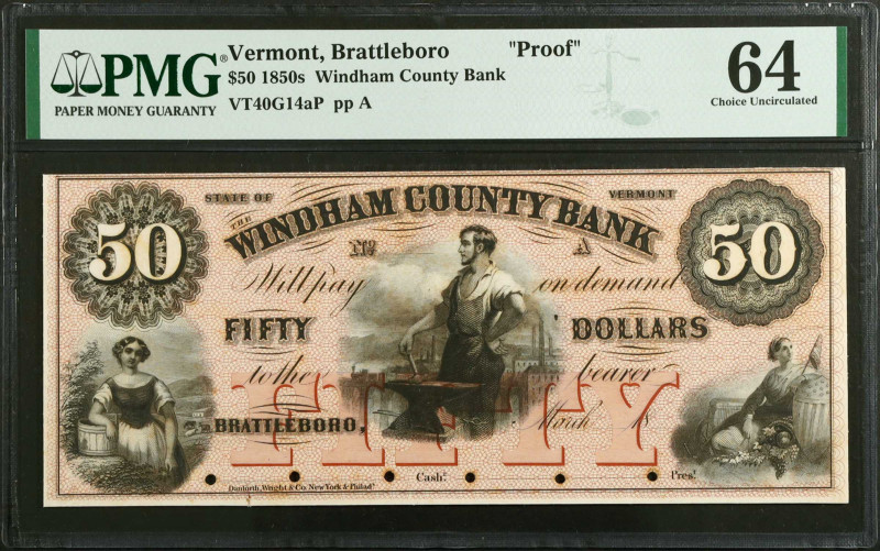 Brattleboro, Vermont. Windham County Bank. 1850s $50. PMG Choice Uncirculated 64...