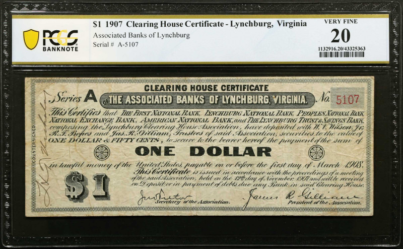 Lynchburg, Virginia. Clearing House Certificate. 1907 $1. PCGS Banknote Very Fin...