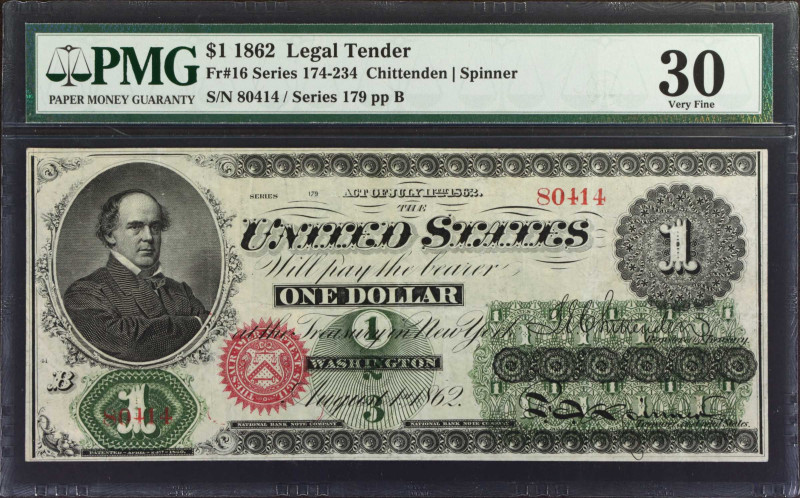 Fr. 16. 1862 $1 Legal Tender Note. PMG Very Fine 30.
Series 179. The treasury s...