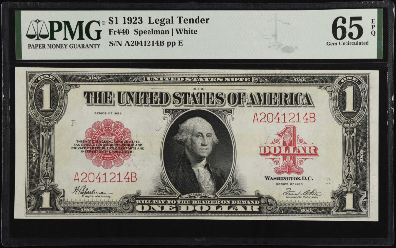 Fr. 40. 1923 $1 Legal Tender Note. PMG Gem Uncirculated 65 EPQ.
Dark cherry red...