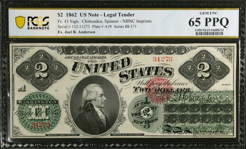 Fr. 41. 1862 $2 Legal Tender Note. PCGS Banknote Gem Uncirculated 65 PPQ.
This ...