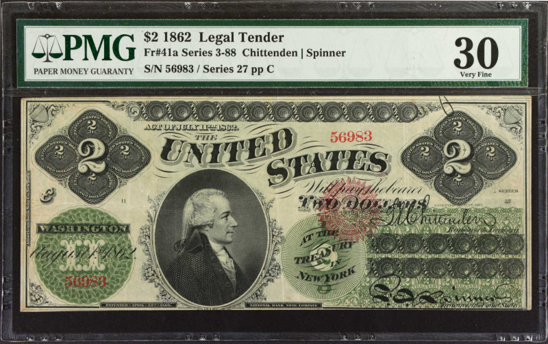 Fr. 41a. 1862 $2 Legal Tender Note. PMG Very Fine 30.
Series 27. Dual die count...