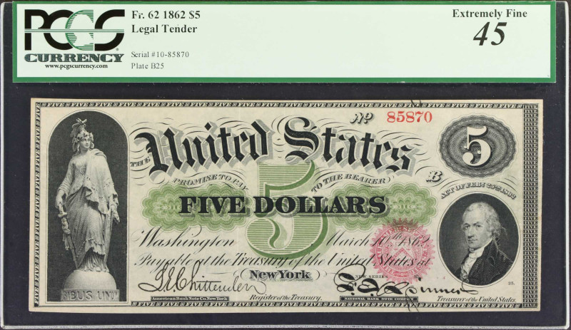 Fr. 62. 1862 $5 Legal Tender Note. PCGS Currency Extremely Fine 45.
New Series ...