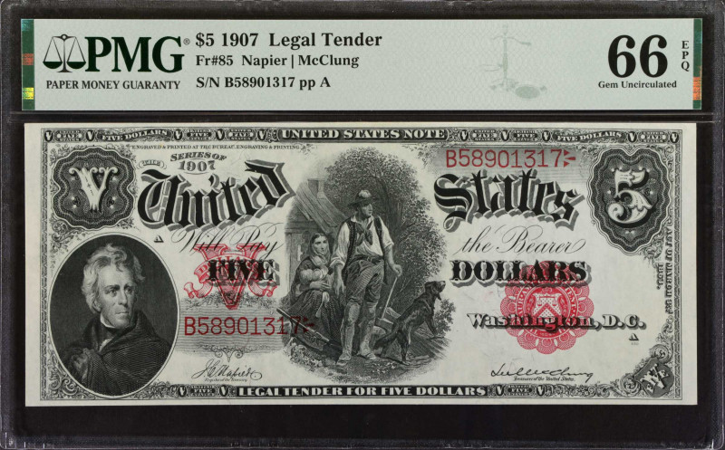 Fr. 85. 1907 $5 Legal Tender Note. PMG Gem Uncirculated 66 EPQ.
Exceptionally p...