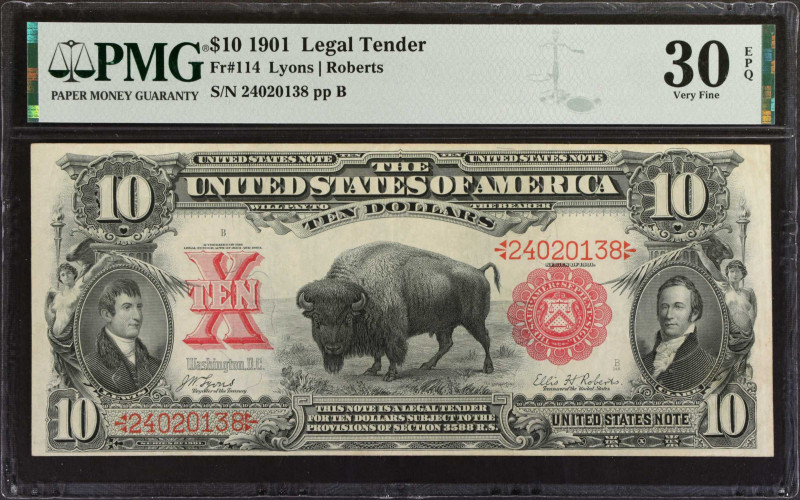 Fr. 114. 1901 $10 Legal Tender Note. PMG Very Fine 30 EPQ.
Bold ruby red overpr...