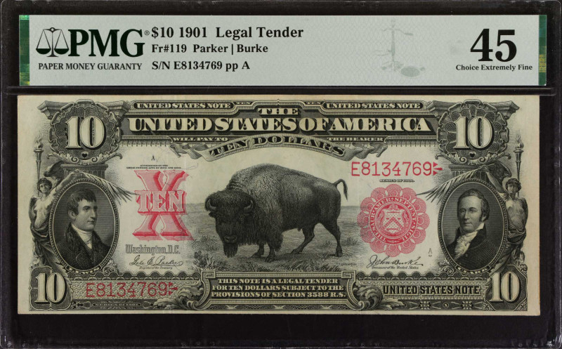 Fr. 119. 1901 $10 Legal Tender Note. PMG Choice Extremely Fine 45.
A note which...