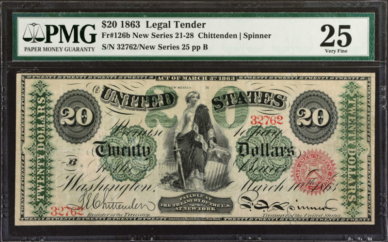 Fr. 126b. 1863 $20 Legal Tender Note. PMG Very Fine 25.
New Series 25. Liberty ...