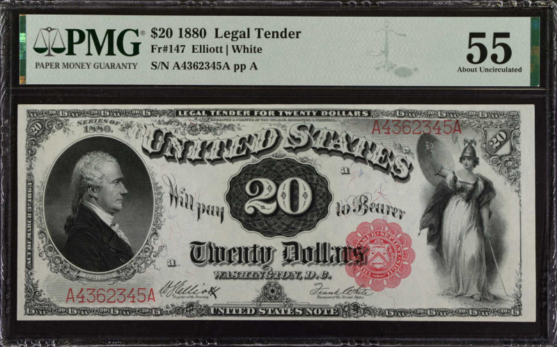 Fr. 147. 1880 $20 Legal Tender Note. PMG About Uncirculated 55.
Bright paper an...