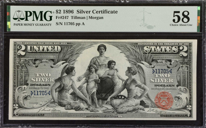 Fr. 247. 1896 $2 Silver Certificate. PMG Choice About Uncirculated 58.
Wide mar...