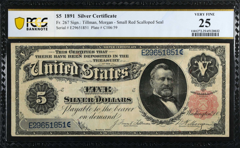 Fr. 267. 1891 $5 Silver Certificate. PCGS Banknote Very Fine 25.
Small red scal...