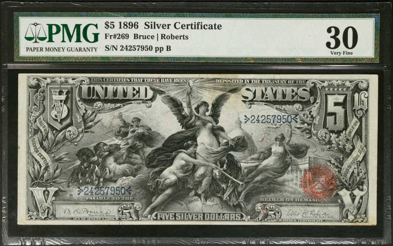 Fr. 269. 1896 $5 Silver Certificate. PMG Very Fine 30.
A beautiful examples for...