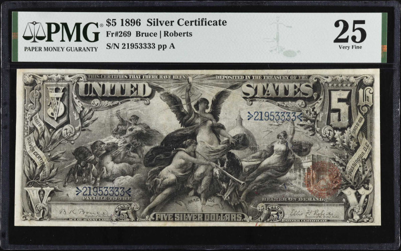 Fr. 269. 1896 $5 Silver Certificate. PMG Very Fine 25.
Mostly even circulation ...