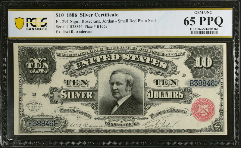 Fr. 291. 1886 $10 Silver Certificate. PCGS Banknote Gem Uncirculated 65 PPQ.
Ju...