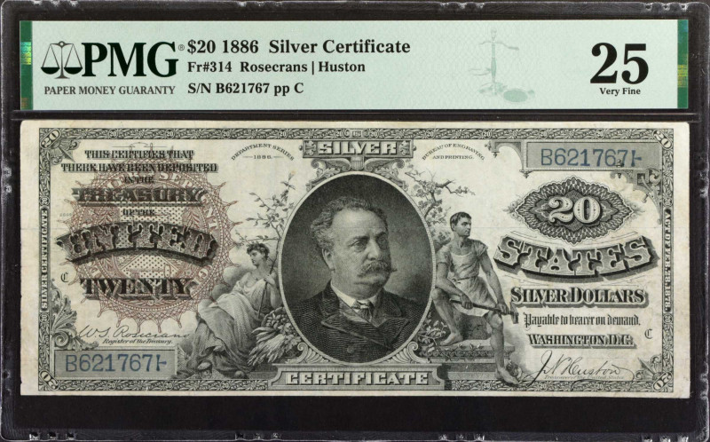 Fr. 314. 1886 $20 Silver Certificate. PMG Very Fine 25.
Large brown spiked trea...