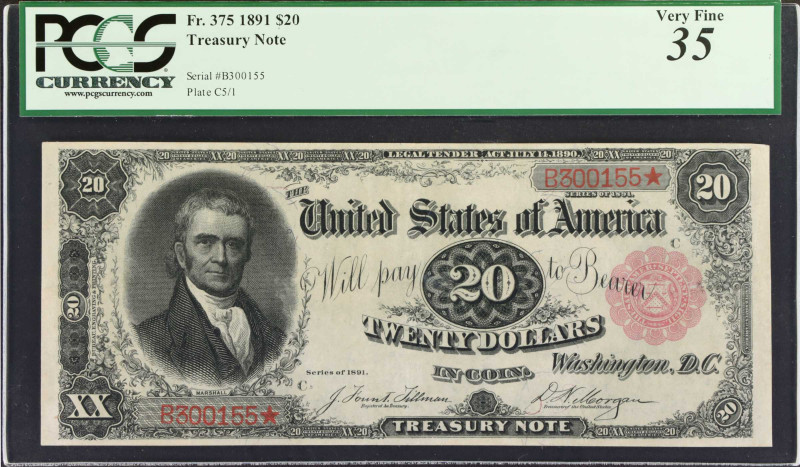 Fr. 375. 1891 $20 Treasury Note. PCGS Currency Very Fine 35.
A lovely example o...