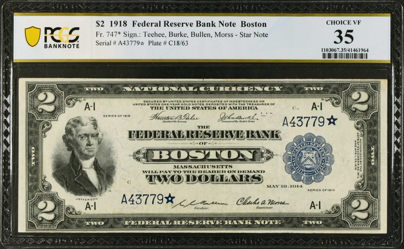 Fr. 747*. 1918 $2 Federal Reserve Bank Star Note. Boston. PCGS Banknote Choice V...